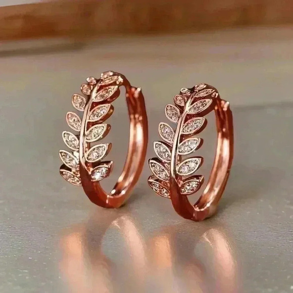 Zircon Olive Branch Leaf Small Hoop Earrings Rose Gold - Picture 1 of 5